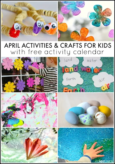 April activities and crafts for kids with free downloadable activity calendar - includes lots of spring and Earth Day crafts and activities from And Next Comes L