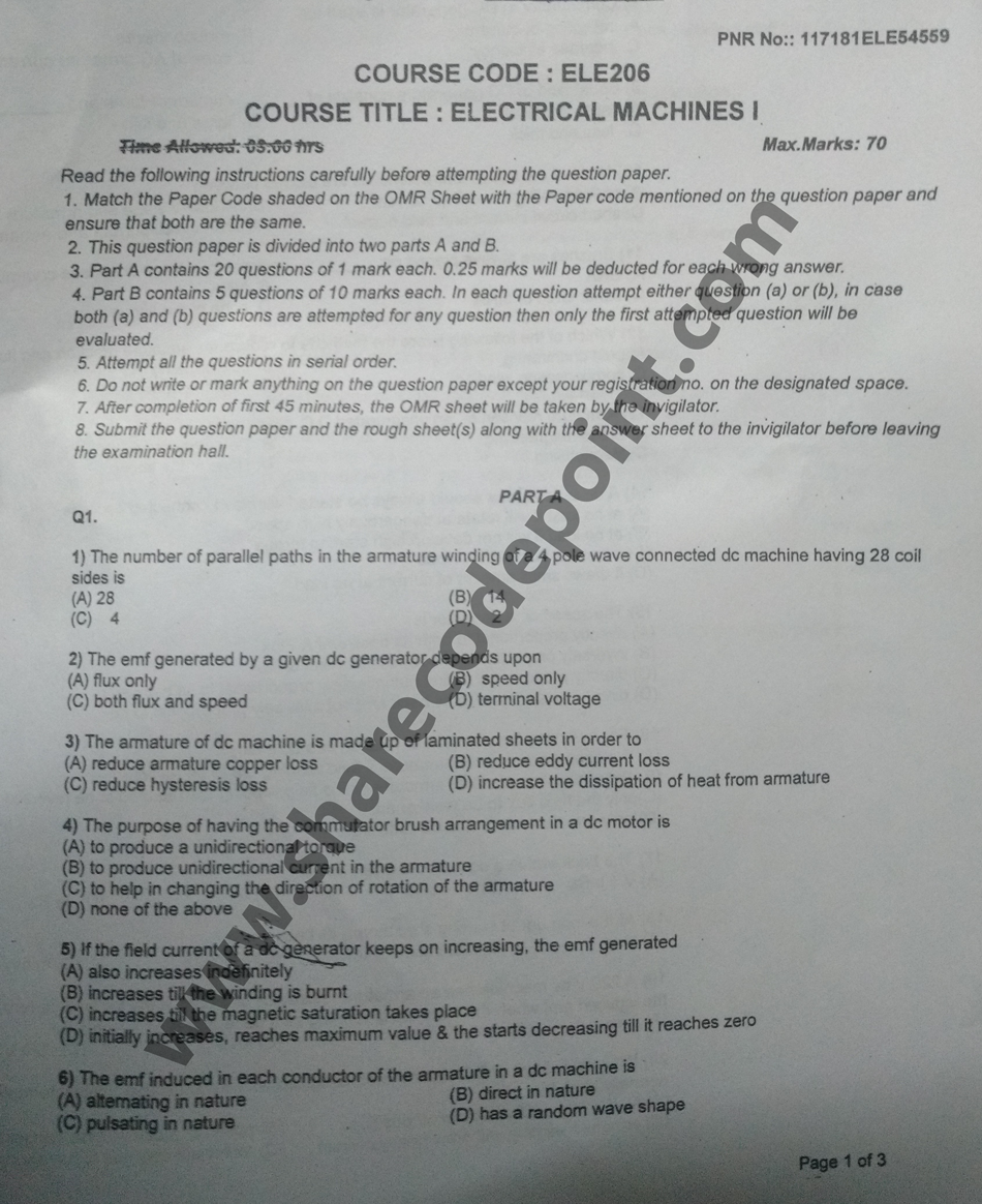 ECE206 Electrical Machines I End Term Exam Question Paper ECE 206 MCQ + Subjective Questions