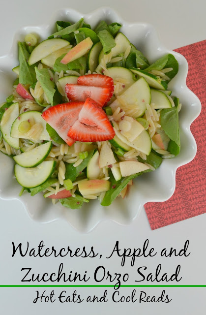 A fresh and delicious summer salad! Perfect side for some grilled chicken or steak! Watercress, Apple and Zucchini Orzo Salad from Hot Eats and Cool Reads