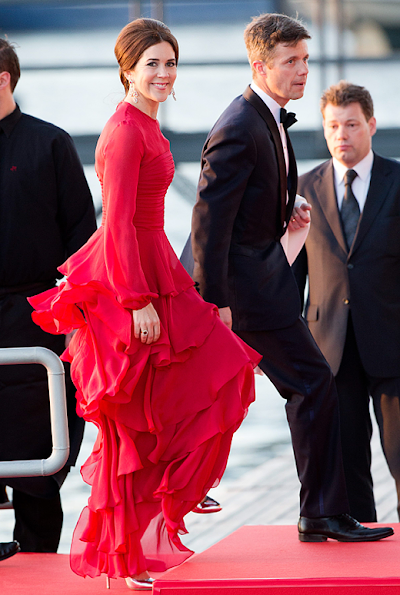 Crown Princess Mary wears Jesper Høvring dress and Ruby Parure earrings