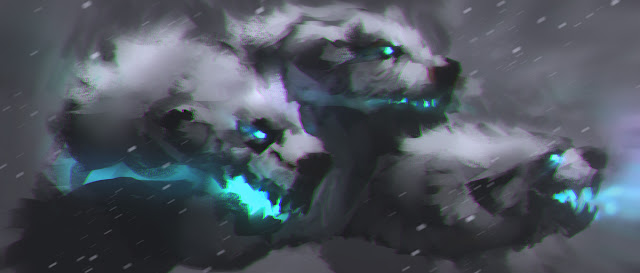 illustration, fantasyart, art, douglas deri, deri,paint,photoshop,sketchbook,wip, studies,kamel,desert,creature design, cerberus, greek, ice cerberus, blue