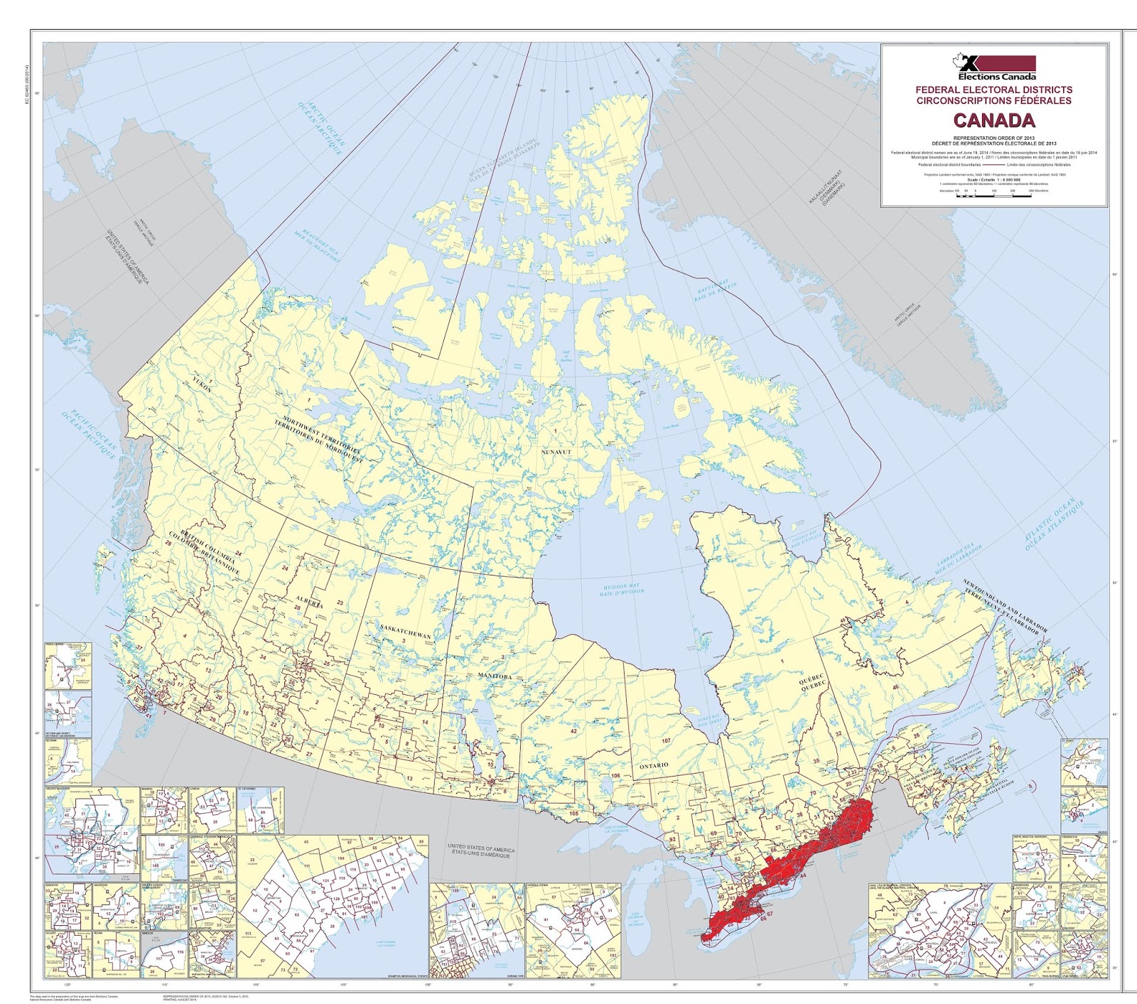 Half of Canada's 33.5 million people live in the red part