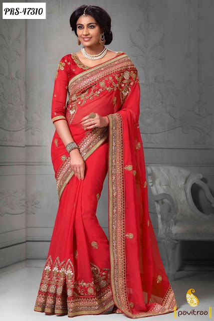 Diwali festival discount offer on red chiffon designer saree collection online shopping at pavitraa.in