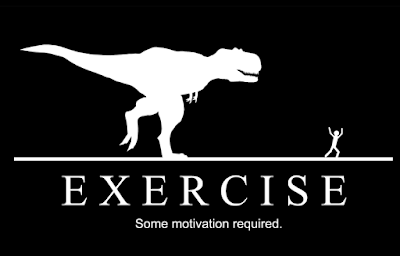 cartoon of a T-Rex chasing a jogger.