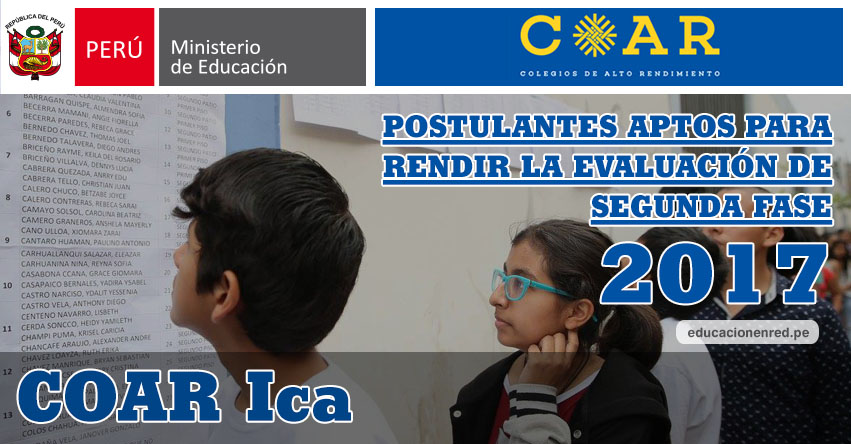 COAR Ica: Resultados Examen Admisión Primera Fase 2017 (15 Febrero) Lista de Ingresantes que pasan a Segunda Fase - Colegios de Alto Rendimiento - MINEDU - www.dreica.gob.pe COAR Ica: Resultados Examen Admisión Primera Fase 2017 (15 Febrero) Lista de Ingresantes que pasan a Segunda Fase - Colegios de Alto Rendimiento - MINEDU - www.dreica.gob.pe