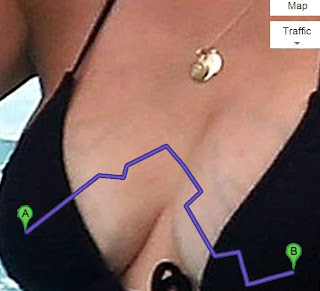 google maps directions to Kourtney Kardashian's left nipple from her right nipple
