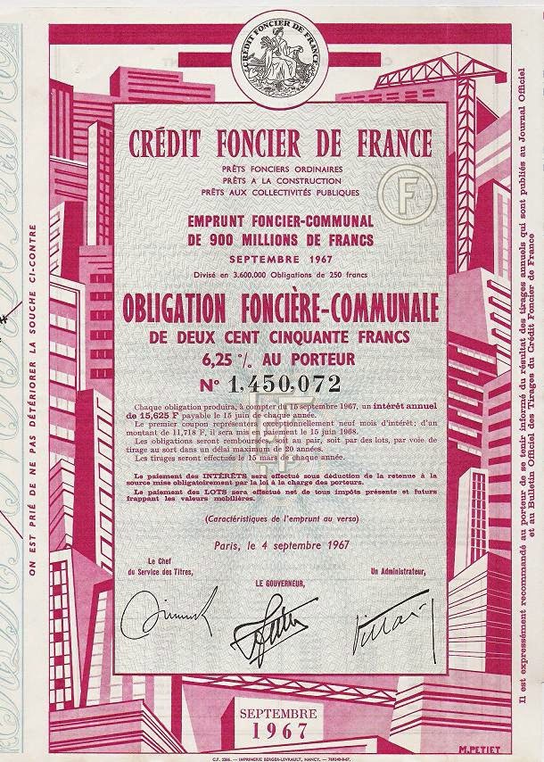 Obligation de Crédit Foncier de France printed by Berger-Levrault