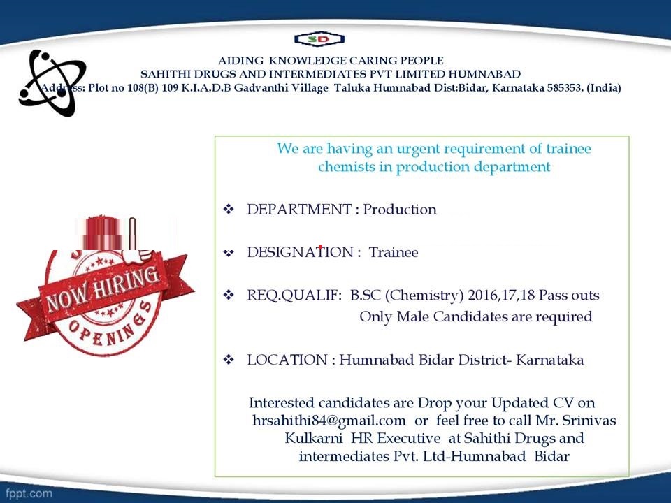 Urgent Openings for Freshers and Experienced M.Sc Chemistry