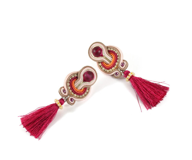 pink with tassels soutache earrings, soutache handmade jewelry