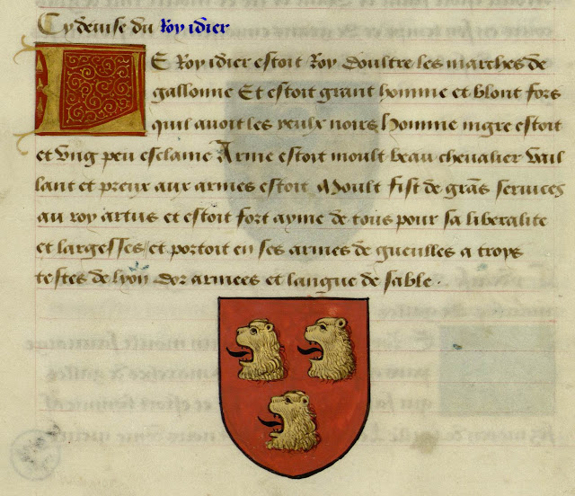 Manuscrit français Ms 329 - Ce sont les noms, armes et blasons des chevaliers et compaignons de la Table ronde.... folio 11v. (extrait) - date XVe siècle - Bibliothèque municipale de Lille