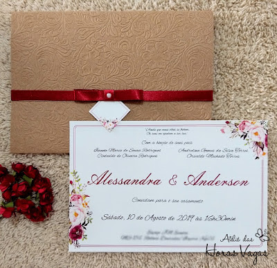 convite de casamento artesanal personalizado floral aquarelado rústico delicado vermelho marsala envelope papel kraft texturizado laço chanel cetim mini wedding aniversário 15 anos
