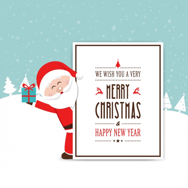 Happy santa claus holding a gift Free Vector