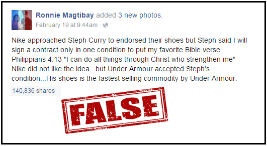 Nike Wouldn't Let Steph Curry Put Bible Passage on Shoes-Fiction! - Truth  or Fiction?