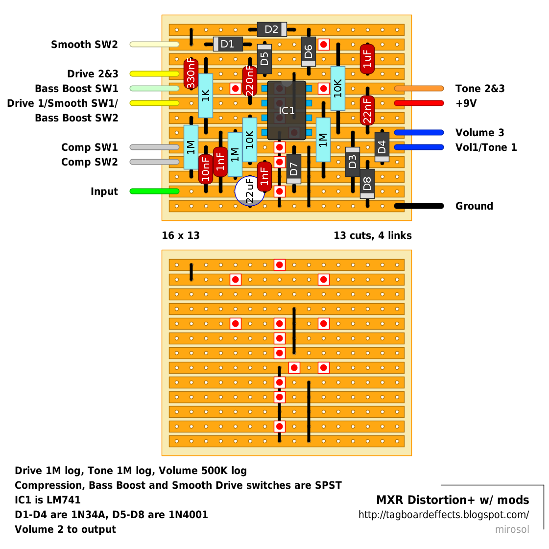 Guitar FX Layouts: MXR Distortion+ w/ Wampler mods