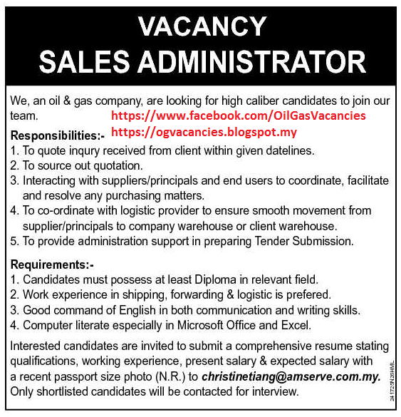 Oil Gas Vacancies Sales Administrator Amserve Miri
