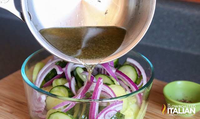 Cucumber Vinegar Salad - Pouring the dressing over the vegetables