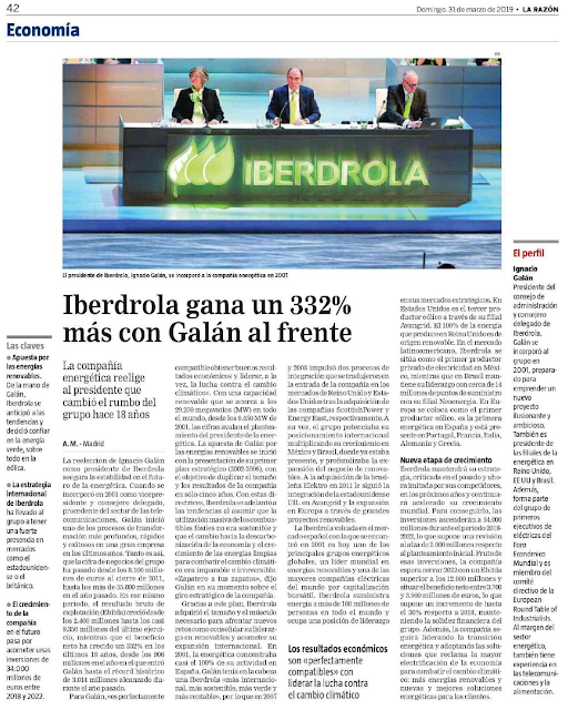 Imagen de página de La Razón con titular a cuatro columnas:"Iberdrola gana un 332% más con Galán al frente"