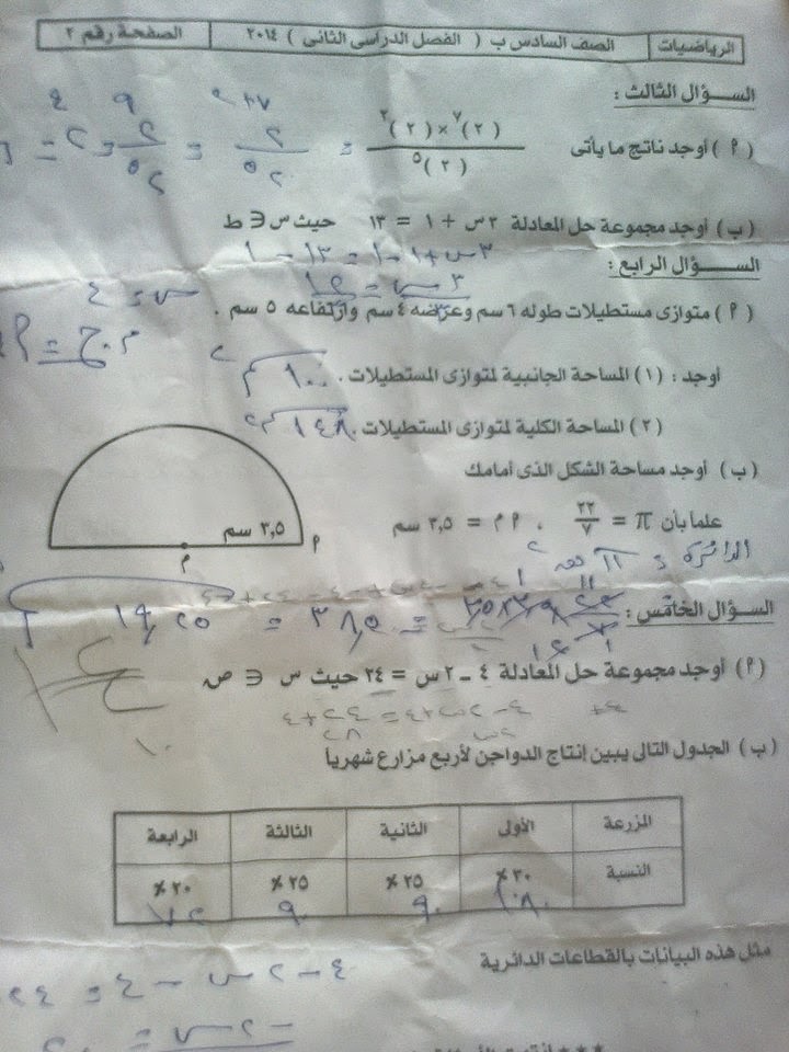 امتحان الرياضة للصف السادس الابتدائى الترم الثانى 2014 محافظة سوهاج