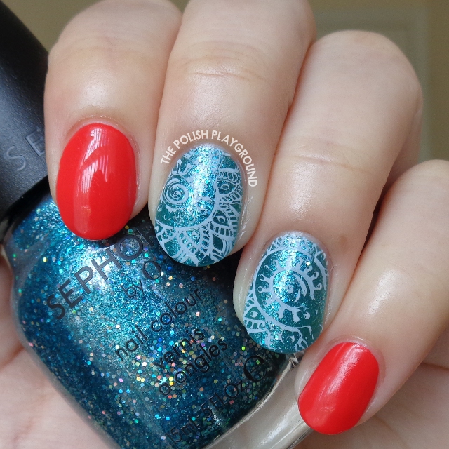 Red with Blue Glitter and White Faded Stamping Nail Art