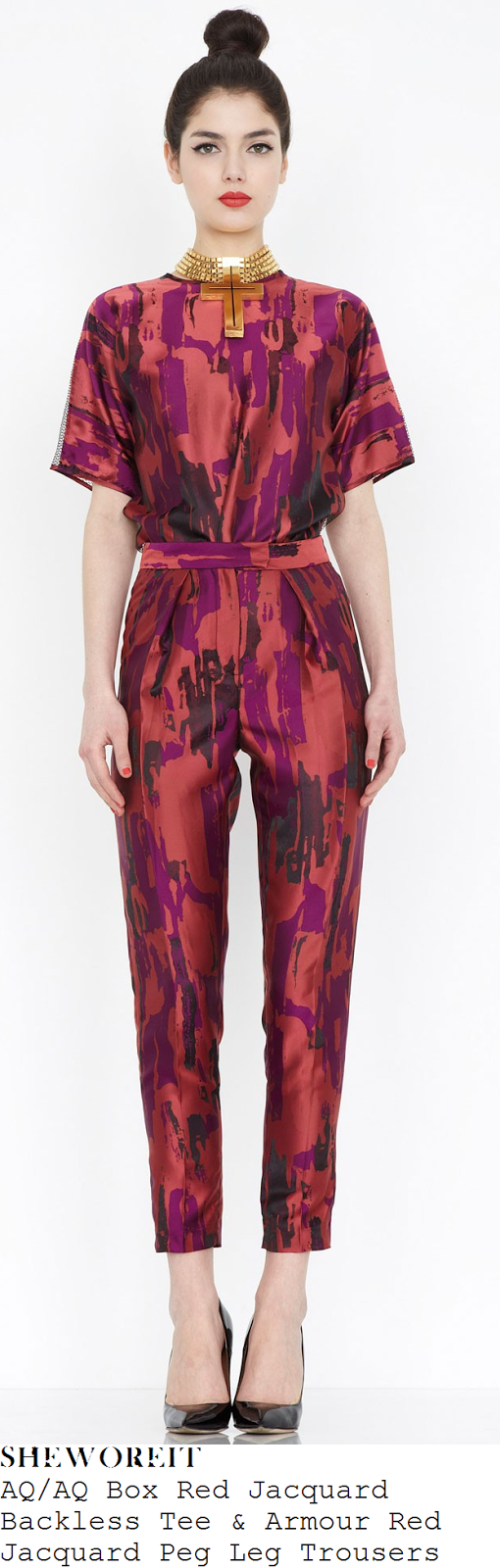 fearne-cotton-red-purple-and-black-paint-jacquard-short-sleeve-mesh-back-top-and-high-waisted-trousers