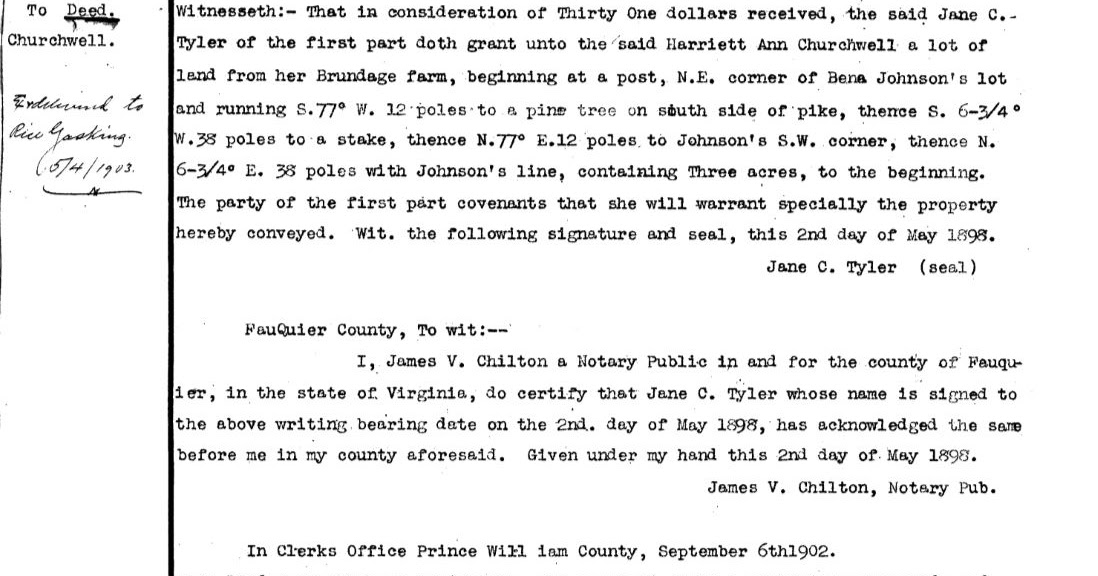 Prince William County Genealogy Deed Tyler to Churchwell (1902)