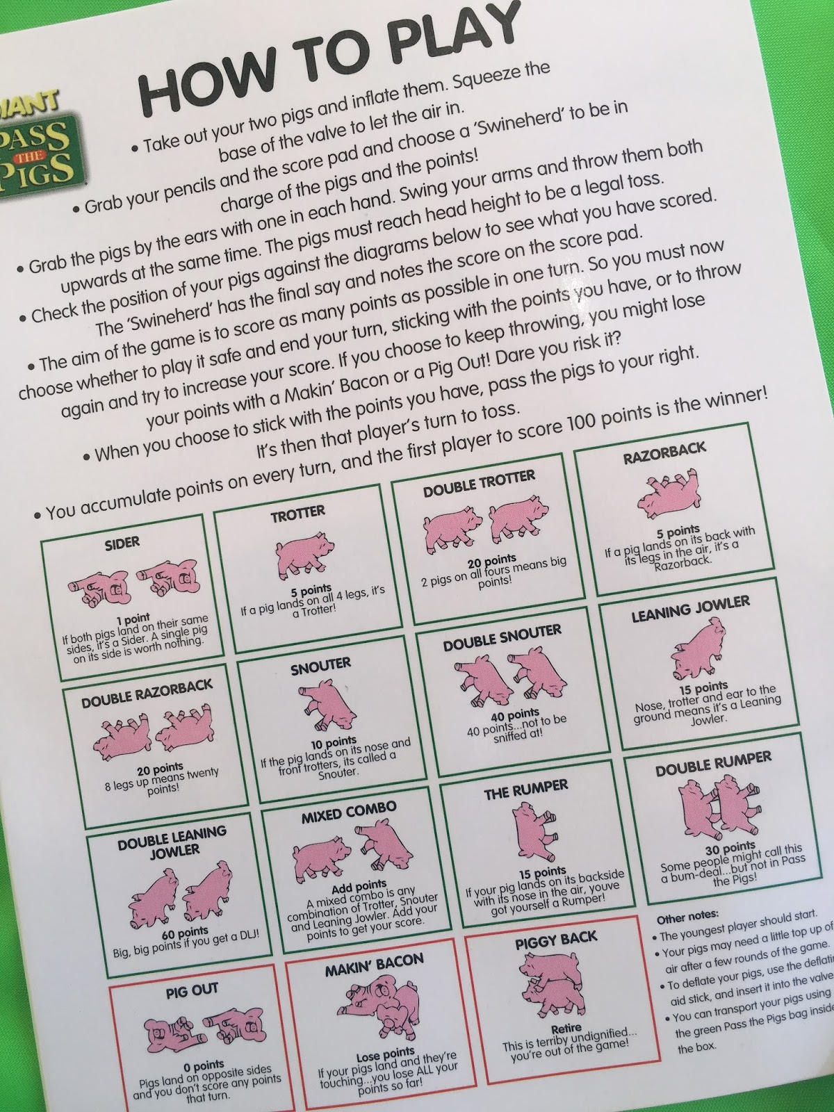 Pass The Pigs Point Chart
