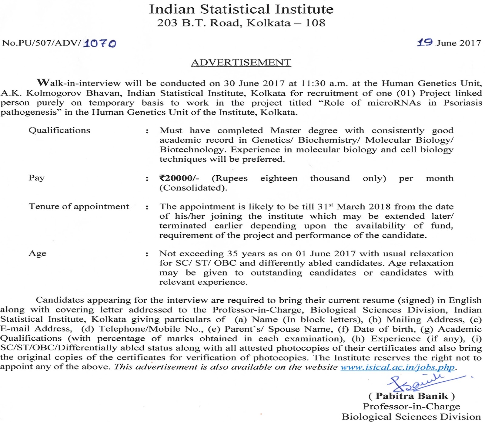 ISI Kolkata Molecular/Cell Biology Project Walk IN 2017 June