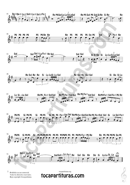Hoja 2 de 2  Partitura Fácil con Notas en Letras Yo le seguiré (I will follow him) para Flautas, Violín, Saxofones, Clarinetes, Cornos, Trompetas y instrumentos en Clave de Sol Spanish Notes Sheet Music for Treble Clef 