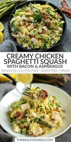Creamy Chicken Spaghetti Squash with Bacon and Asparagus