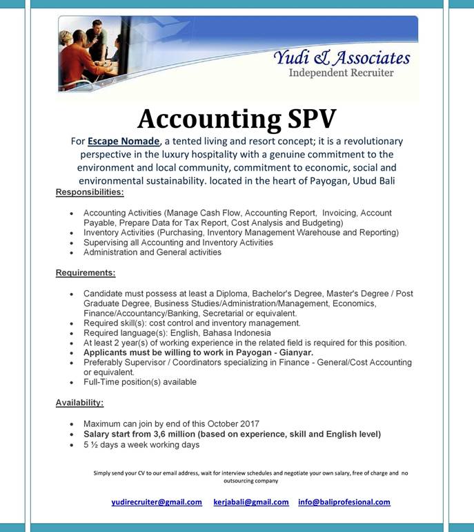 Bali Job Vacancy Hhrmabali {HHRMABali} Accounting SPV Bali Job Vacancy Hhrmabali {HHRMABali} Accounting SPV