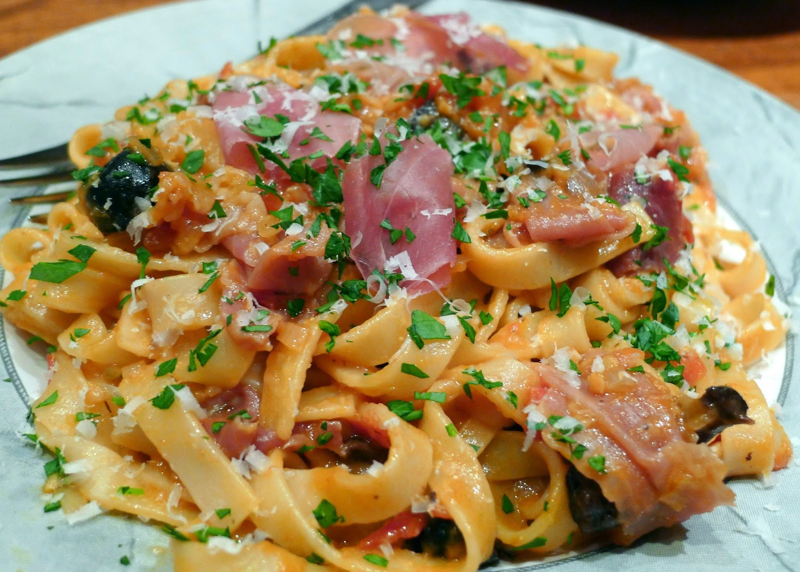 Culinary Adventures in London Tagliatelle with Prosciutto & Olives