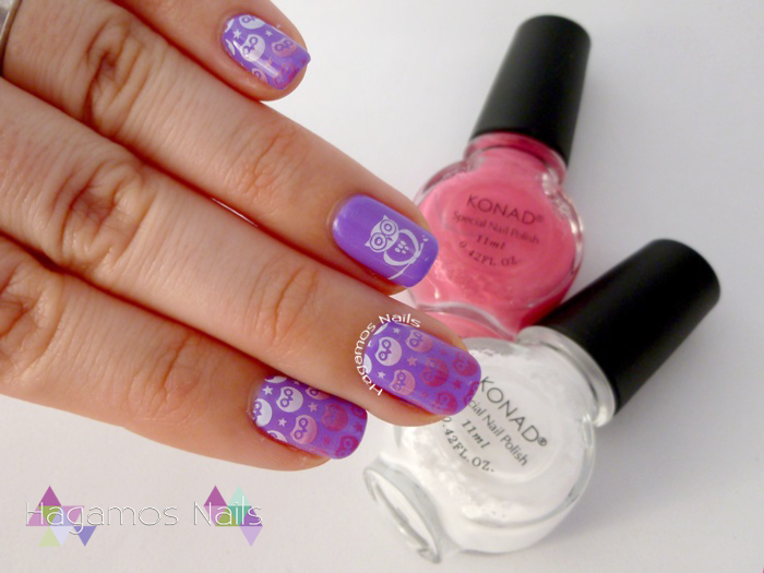Nail Art Violeta con Buhos. Konad España. Ros3s Cosmetics. Hagamos Nails