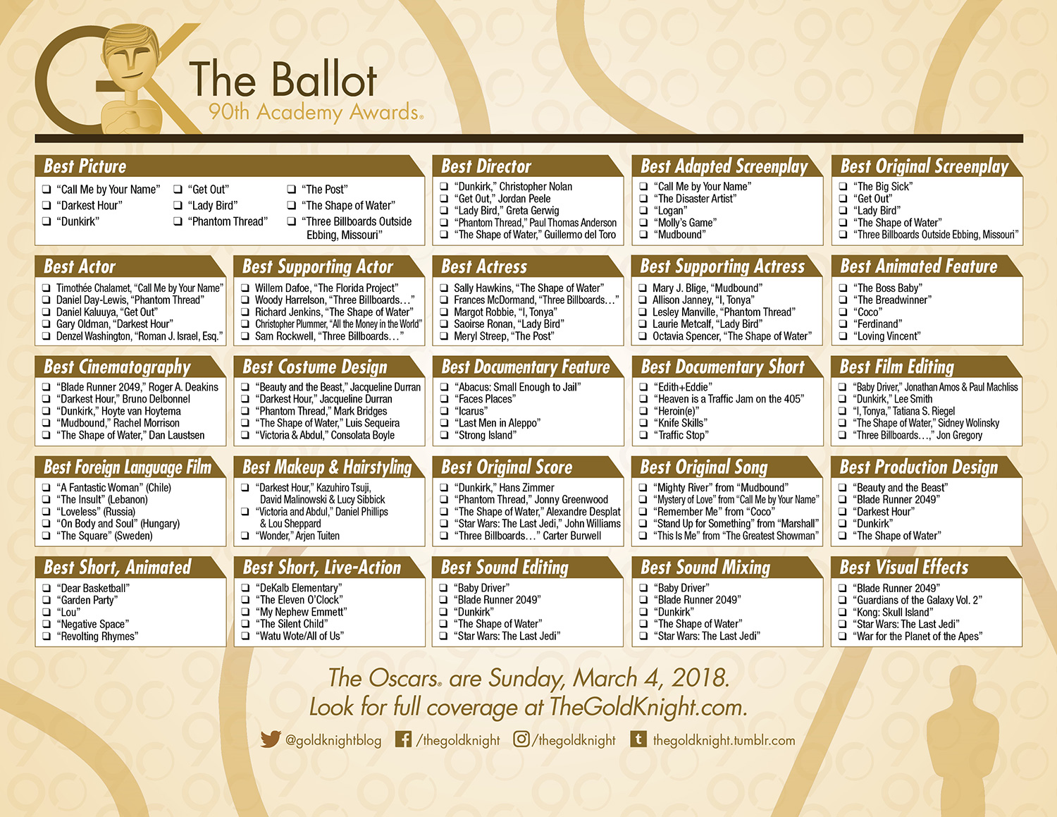 Oscars 2018: Download our printable ballot | The Gold Knight - Latest Academy Awards ...