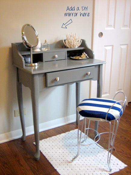 Gray vanity makeover with striped seat
