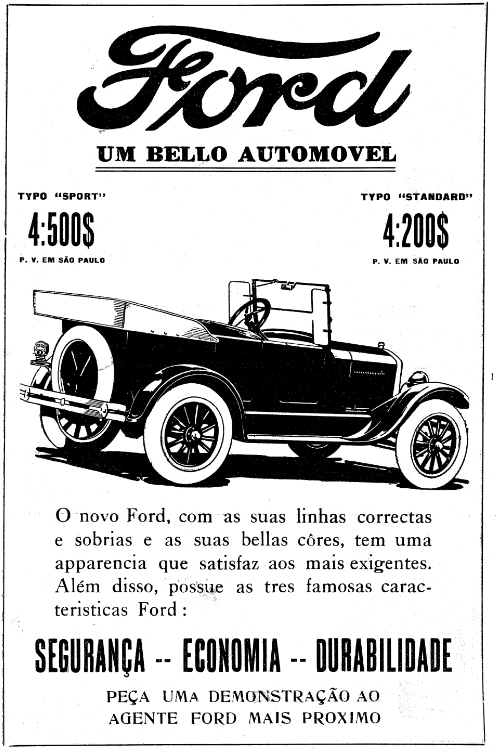 Propaganda da Ford apresentando seu modelo clássico para o ano de 1926.