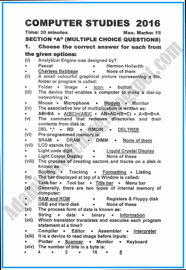 Adamjee Coaching IX Computer Studies Past Year Paper 2016