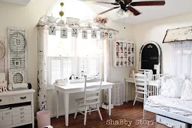 Dreamy white craftroom by Shabby Story via I Love That Junk