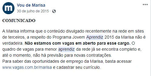 Comunicado oficial da Marisa