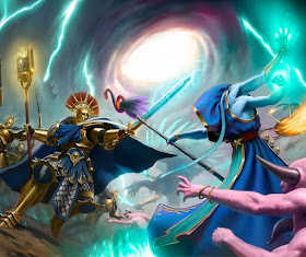 Warhammer age of sigmar artwork ilustration from battletome disciples of tzeentch duel vs stormcast
