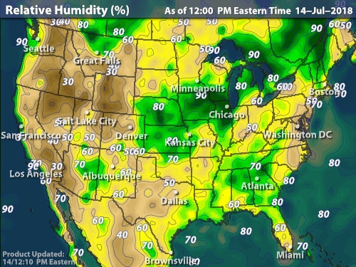 Relative Humidity Map For The United - Usa 