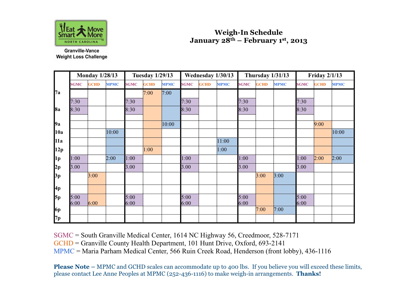 The Road to Better Health... 2013 Weight Loss Challenge WeighIn Schedule