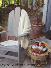 Eclectic Red Barn: Rocking chair with throw and tea and fall accessories