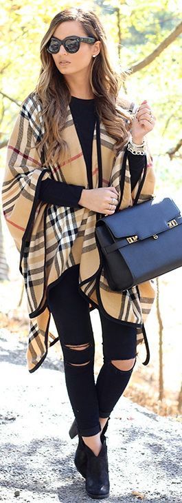 Women's fashion | Tartan poncho with black sweater and distressed pants ...