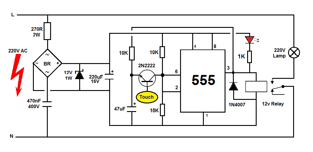 220V ONOFF Latching touch switch by one touch plate only Simple Projects