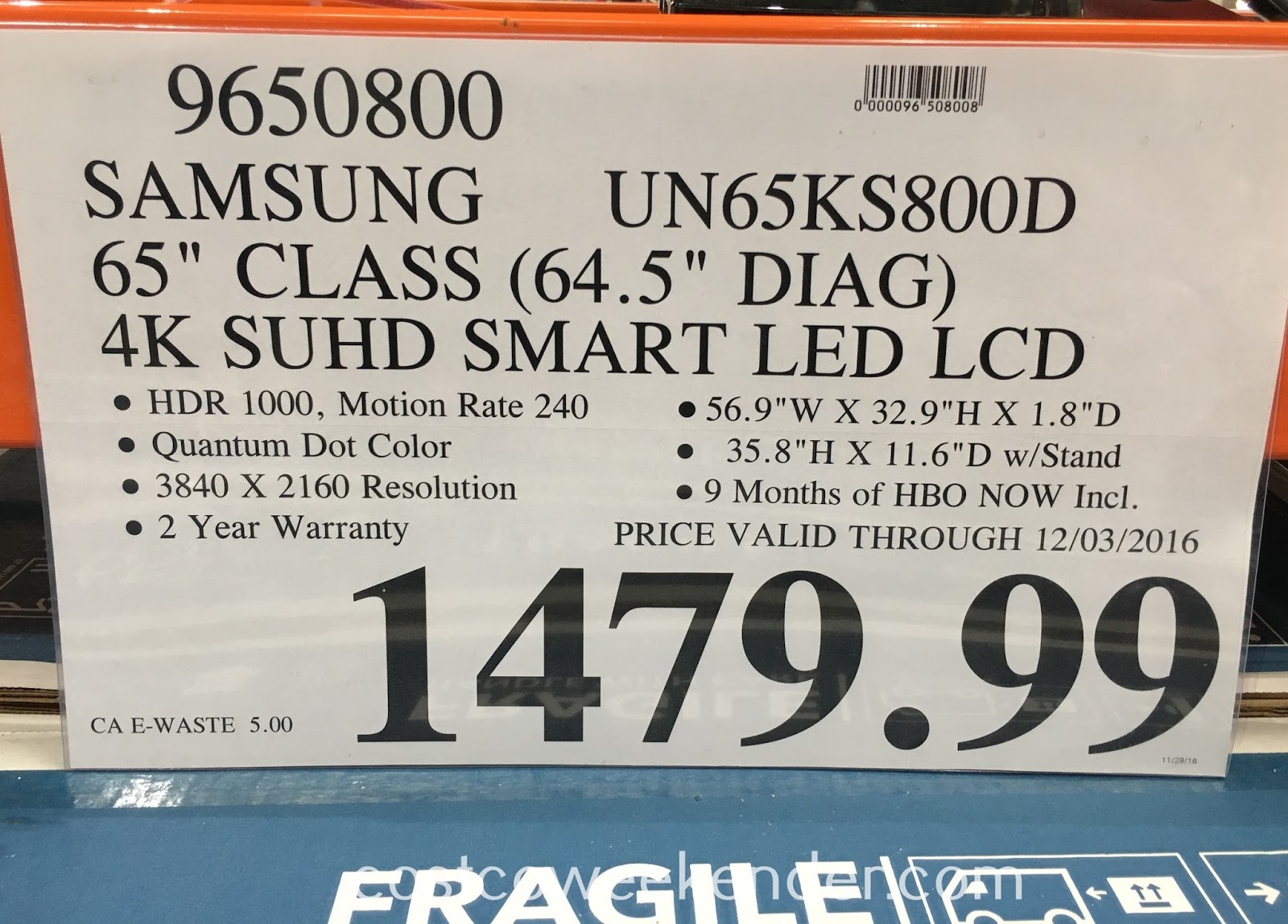 Samsung UN65KS800D 65" 4K SUHD LED LCD TV Costco Weekender