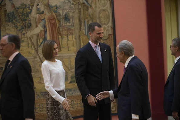 Queen Letizia of Spain and King Felipe VI of Spain attend a meeting with members of 'Princesa de Asturias' foundation at El Pardo Royal Palace