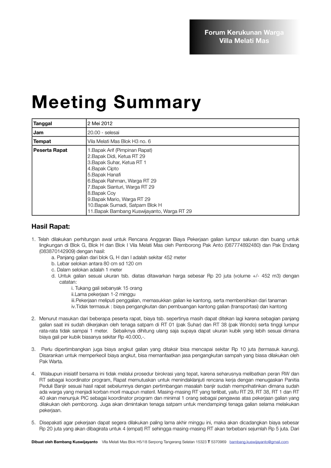 FORUM KERUKUNAN WARGA VILLA MELATI MAS Mei 2012