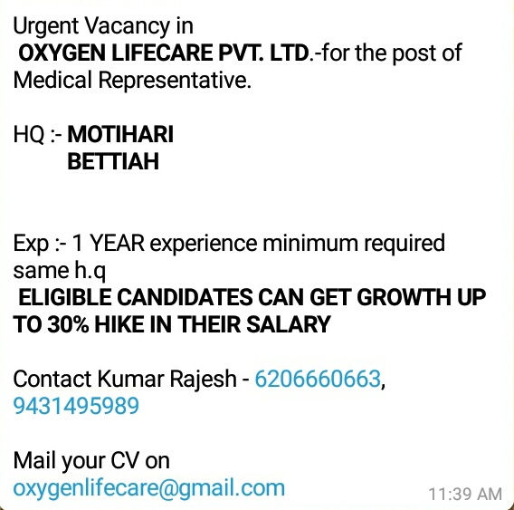 Oxygen Lifecare Pvt.Ltd Urgently Requirement for Medical Repersentative