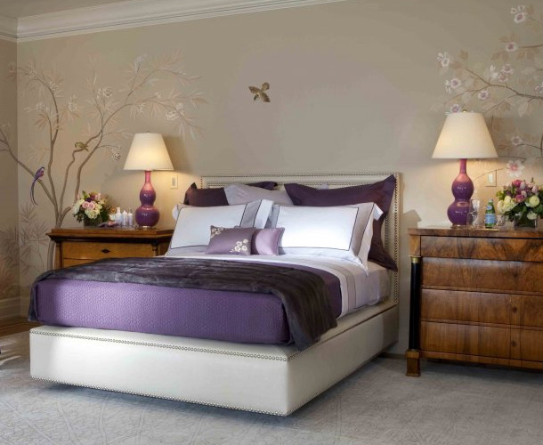 Purple bedroom decor ideas with grey wall and white accent ~ Home ...