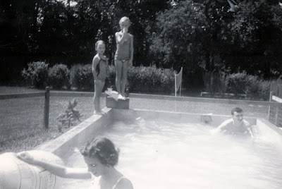 Marilyn, Linda, Nancy and Bill Niehaus enjoy our pool in the backyard, 3314 South New Jersey St., Indianapolis, Indiana